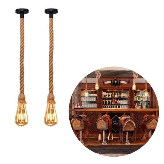 Imagem de Kit 2 Pendente Rústico Lustre Luminária Vintage Corda Sisal Retro Com Lâmpada LED Pera Âmbar Bivolt 4W E27