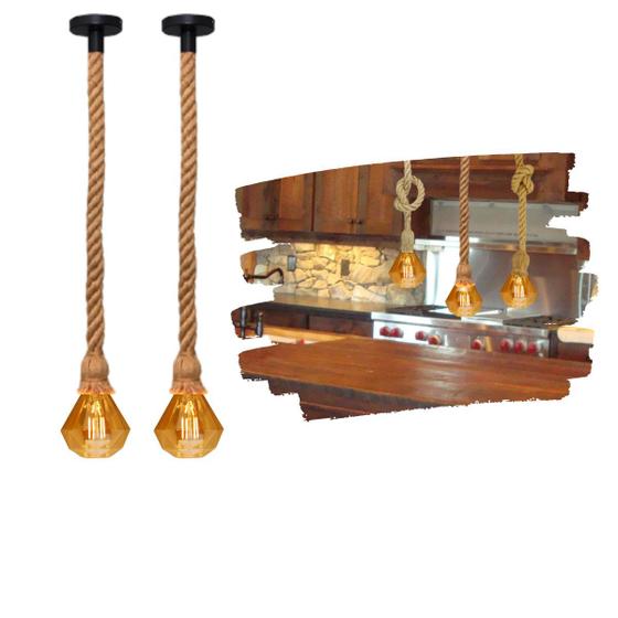 Imagem de Kit 2 Pendentes Corda Sisal Rústico De 1,80m Com Lâmpadas Led Formato Diamante De 4W Bocal E27 Luz 2200K Âmbar (Bivolt)