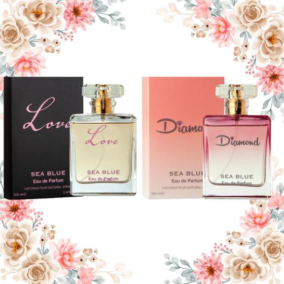 Imagem de Kit 2 Perfumes Femininos 100ml Love + Diamond Sea Blue