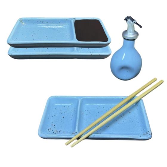 Imagem de Kit 2 Pessoas para Sushi com Divisória para Shoyu Porcelana Azul Servir Comida Japonesa