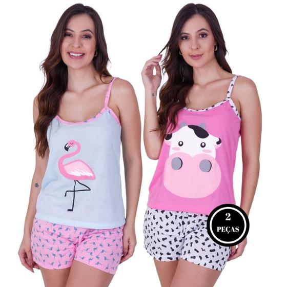 Imagem de Kit 2 Pijama Baby Doll Estampado Bichinho - KIT 2 BICHINHO CURTO VAQUINHA FLAMINGO 