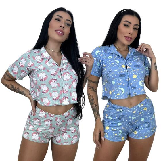 Imagem de Kit 2 Pijama Cropped Botões Americano Blogueira Short Doll Personagens