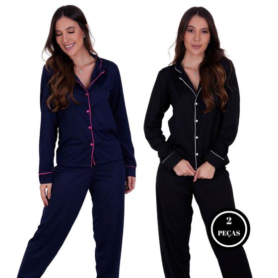 Imagem de Kit 2 Pijama de Inverno com Gola com Botões Amamentação Calça - c3 KIT 2 MAYARA PRETO E MARINHO