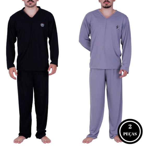 Imagem de Kit 2 Pijama Inverno Manga Longa Calça Comprida Adulto KIT 2 MASCULINO LONGO PRETO E CINZA