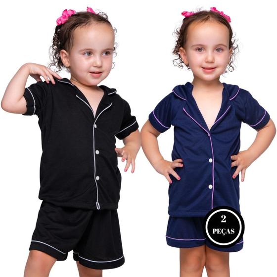 Imagem de Kit 2 Pijama Menina Verão Americano Blusa com Gola e Short - KIT 2 BRENDA INFANTIL PRETO E MARINHO