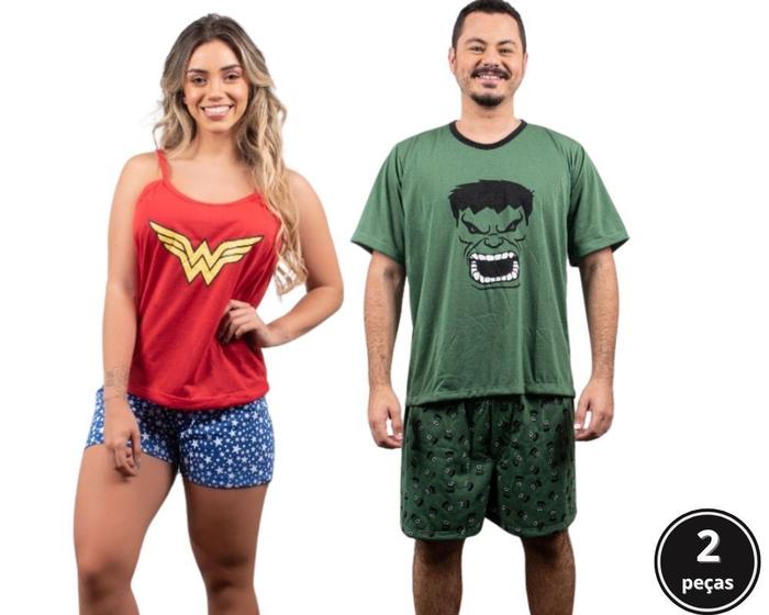 Imagem de Kit 2 Pijamas Adultos Casal Super Herói Hulk mulher Maravilha