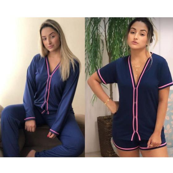 Imagem de Kit 2 Pijamas Americanos Feminino Aberto com Botão de frio Inverno e calor Verão cirurgico amamentação gestante curto