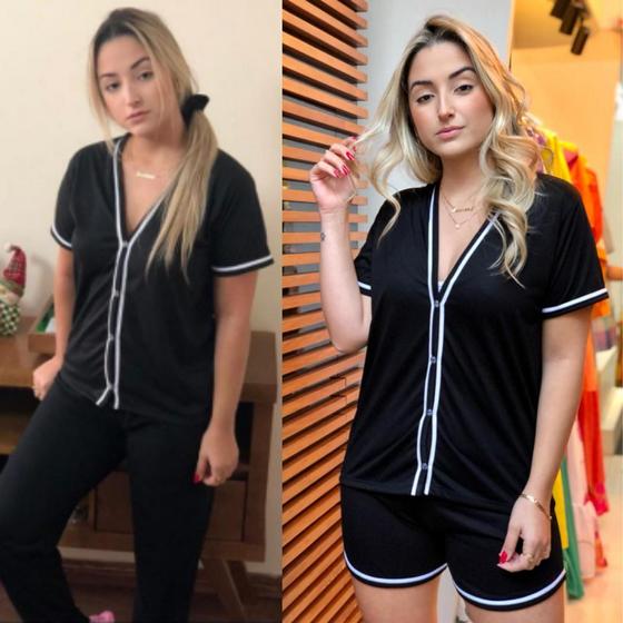 Imagem de Kit 2 Pijamas Blogueirinha Aberto Com Botões Inverno Com Calça e Verão Short  Amamentação Cirurgico