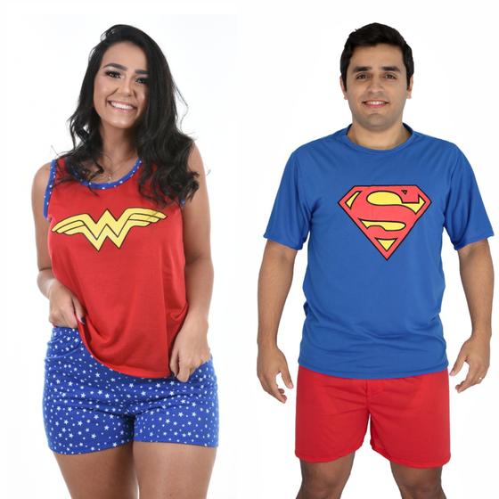 Imagem de Kit 2 Pijamas Casal Curto Personagem Super Man e Mulher Maravilha ou Popeye e Olivia 