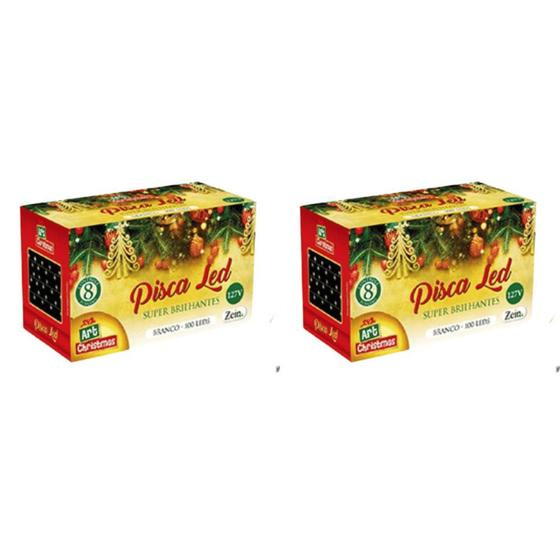 Imagem de Kit 2 Pisca Pisca 100 Leds Branco Frio 8m Fio Verde - 127v