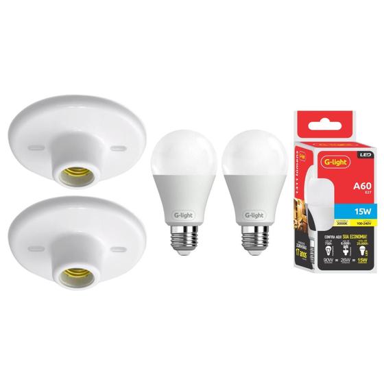 Imagem de Kit 2 Plafonier Branco E27 Bocal Porcelana + 2 Lampada Led