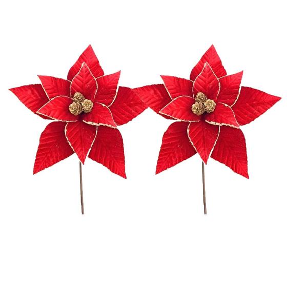 Imagem de Kit 2 Poinsetia Decorativa de Natal Aveludada Vermelha com Pinhas 50cm Tok da Casa