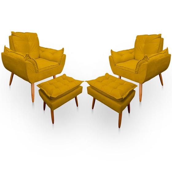 Imagem de Kit 2 Poltrona Opala com Puff Opala para Sala e Quarto Suede Amarelo - LH Decor