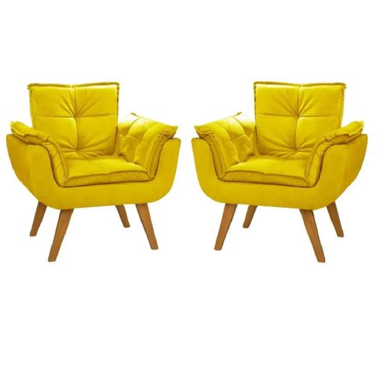 Imagem de Kit 2 Poltrona Suede Amarelo Cadeira Decorativa Julia Sala Recepção Pés Caramelo