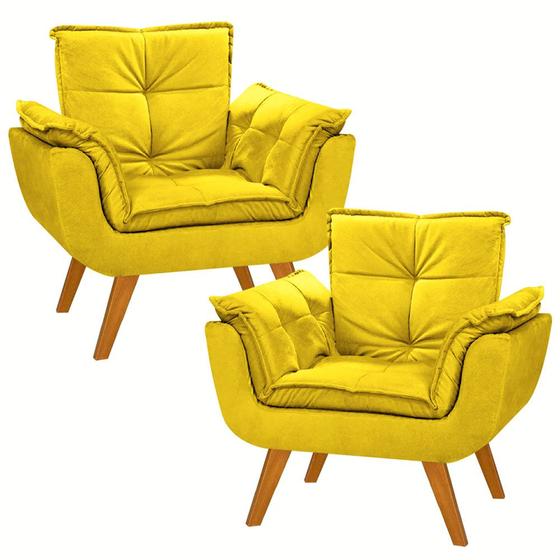Imagem de Kit 2 Poltrona Suede Amarelo Cadeira Decorativa Julia Sala Recepção Pés Caramelo