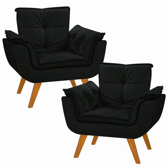 Imagem de Kit 2 Poltrona Suede Preto Cadeira Decorativa Opala Sala Recepção Pés Imbuia - Bela Decor