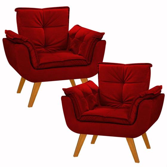 Imagem de Kit 2 Poltrona Suede Vermelho Cadeira Decorativa Opala Sala Recepção Pés Imbuia - Bela Decor