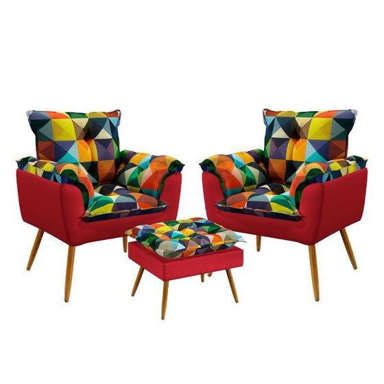 Imagem de Kit 2 Poltronas Almofadadas Opala com Puff Lunar Sued Estampado Colorido com Vermelho Aradecor