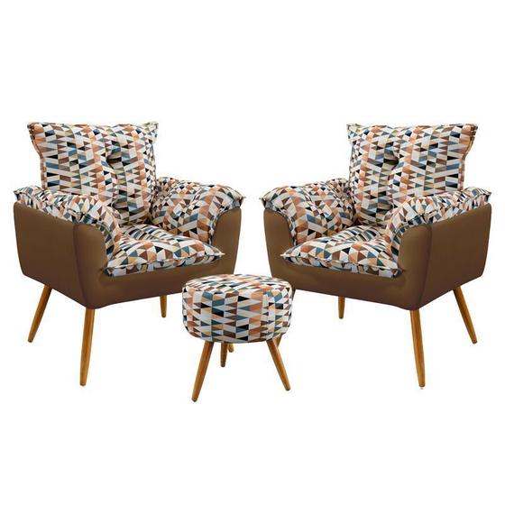 Imagem de Kit 2 Poltronas Almofadadas Opala com Puff Solar Sued Estampado Laranja com Capuccino Aradecor