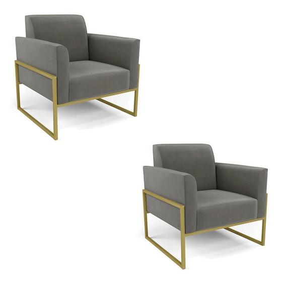 Imagem de Kit 2 Poltronas Base Industrial Alta Dourado Marisa Suede D03 - D'rossi Cor Grafite