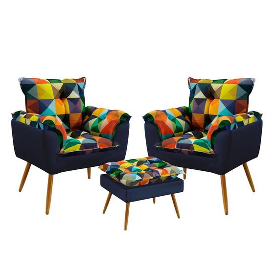 Imagem de Kit 2 Poltronas Beta com Puff Lunar Suede Estampado Colorido com Azul Marinho Aradecor
