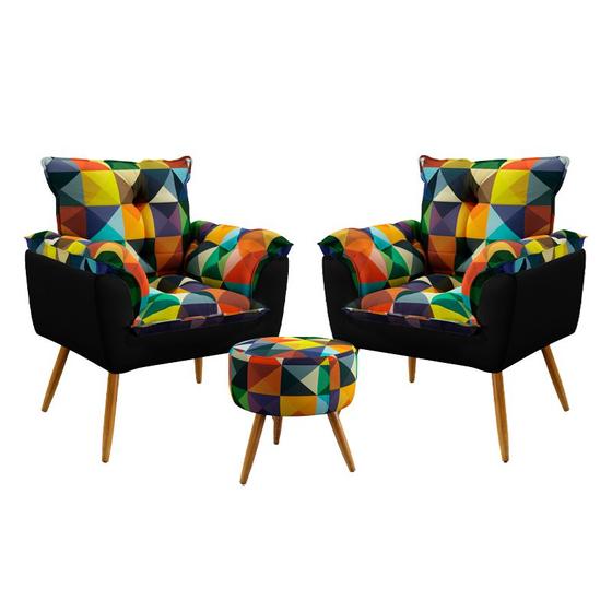 Imagem de Kit 2 Poltronas Beta com Puff Solar Suede Estampado Colorido com Preto Aradecor