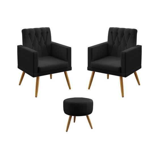 Imagem de Kit 2 Poltronas Com Puff Vega Solar Couro Preto Aradecor