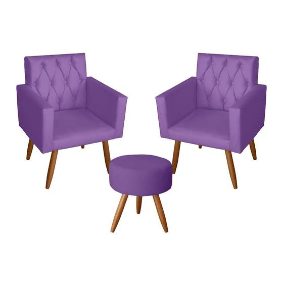 Imagem de Kit 2 Poltronas Decorativa 66cm Thais e Puff Sófia Roxo - Mafer