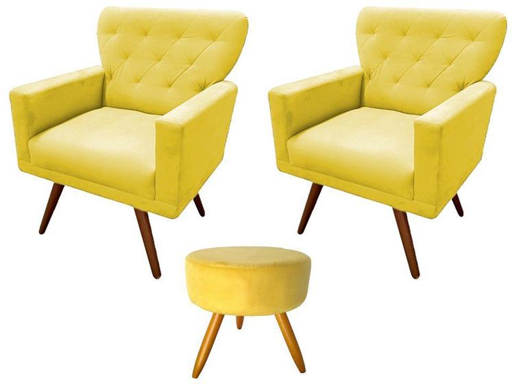 Imagem de Kit 2 Poltronas Decorativa Aurora + 1 Puff Redondo Suede Amarelo Pés Madeira Ms Decor