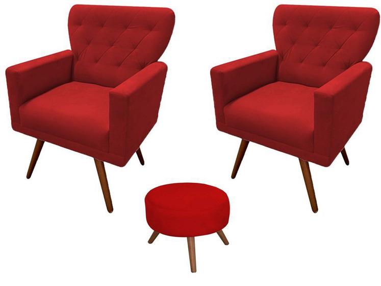 Imagem de Kit 2 Poltronas Decorativa Aurora + 1 Puff Redondo Suede Vermelho Pés Madeira Ms Decor