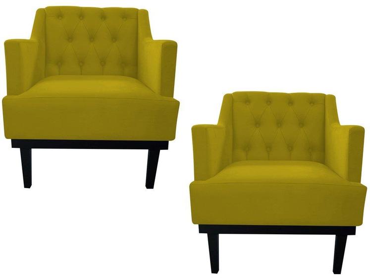 Imagem de Kit 2 Poltronas Decorativa Clássica Capitonê Couro Amarelo Pés Madeira Ms Decor