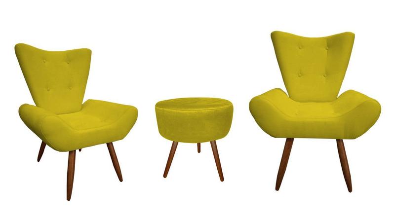 Imagem de Kit 2 Poltronas Decorativa Emilia + Puff Redondo Suede Amarelo Pés Madeira Ms Decor