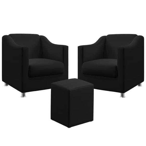 Imagem de Kit 2 Poltronas Decorativa Estofada Alya E Puff Izar Couro Preto Aradecor