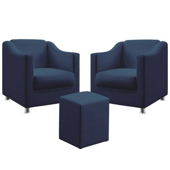 Imagem de Kit 2 Poltronas Decorativa Estofada Para Sala De Estar Alya E Puff Izar Sued Azul Marinho Aradecor
