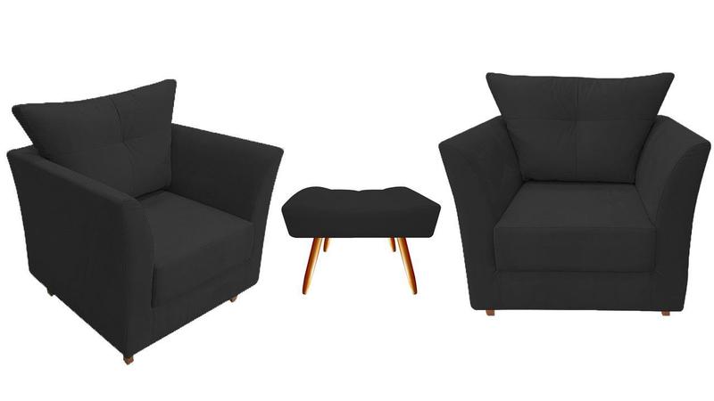 Imagem de Kit 2 Poltronas Decorativa Isis + Puff Retangular Couro Preto Pés Madeira Ms Decor