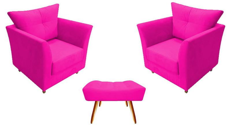 Imagem de Kit 2 Poltronas Decorativa Isis + Puff Retangular Couro Rosa Pink Pés Madeira Mz Decor