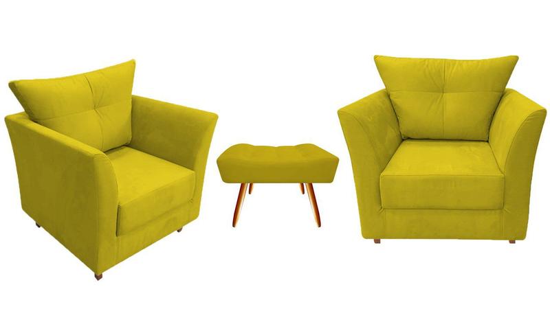 Imagem de Kit 2 Poltronas Decorativa Isis + Puff Retangular Suede Amarelo Pés Madeira Ms Decor