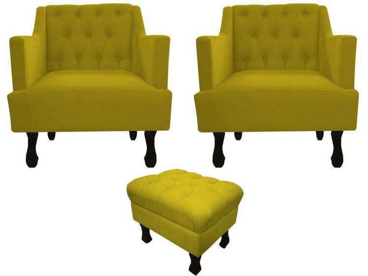 Imagem de Kit 2 Poltronas Decorativa Julia + Puff Luis Xv Suede Amarelo Pés Madeira Ms Decor