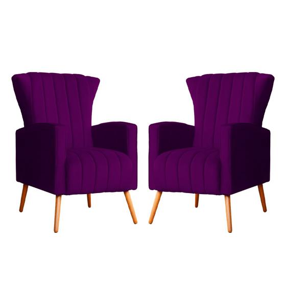 Imagem de Kit 2 Poltronas Decorativa Melinda Veludo Roxo Pés Madeira Mz Decor