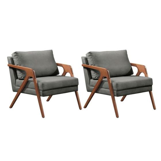 Kit 2 Poltronas Decorativa Mona Luxo Linho Cinza e Base Madeira Maciça Menor preço em Kit 2 Poltronas Decorativa Mona Luxo Linho Cinza e Base Madeira Maciça