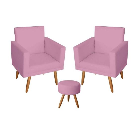 Imagem de Kit 2 Poltronas Decorativa Nina com Estrutura Madeira Maciça Puff Sófia Pés Palito Rosa Bebê Mafer