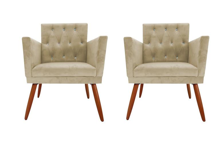Imagem de Kit 2 Poltronas Decorativa Nina Retro Recepção Sala de Estar Suede Botão Cristal Pés Palitos Bege Ec Móveis