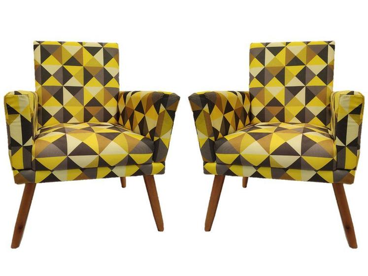 Imagem de Kit 2 Poltronas Decorativa Nina Suede Triângulo Amarelo Pés Madeira Mz Decor