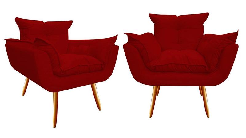 Imagem de Kit 2 Poltronas Decorativa Opala Suede Vermelho Pés Madeira Ms Decor