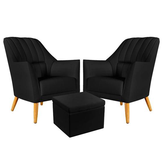 Imagem de Kit 2 Poltronas Decorativa Orion Bordada com Puff Quasar Couro Preto Aradecor