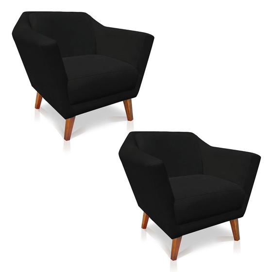 Imagem de Kit 2 Poltronas Decorativa Pérsia Suede Preto Pés Chanfrado Castanho - Pallazio