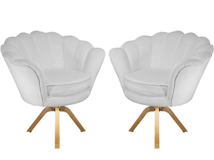 Imagem de Kit 2 Poltronas Decorativa Pétala Base Giratória Madeira Couro Branco Mz Decor