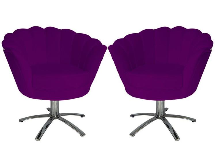 Imagem de Kit 2 Poltronas Decorativa Pétala Base Giratória Metal Suede Roxo Mz Decor