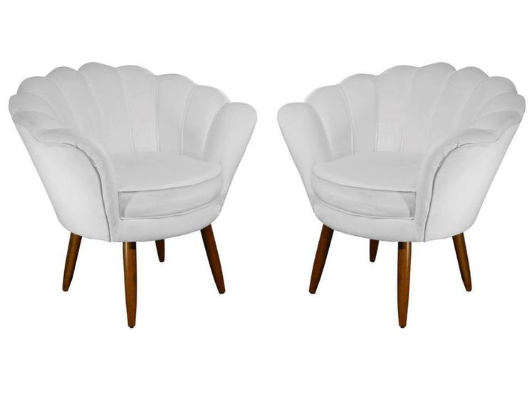 Imagem de Kit 2 Poltronas Decorativa Pétala Couro Branco Pés Madeira Mz Decor