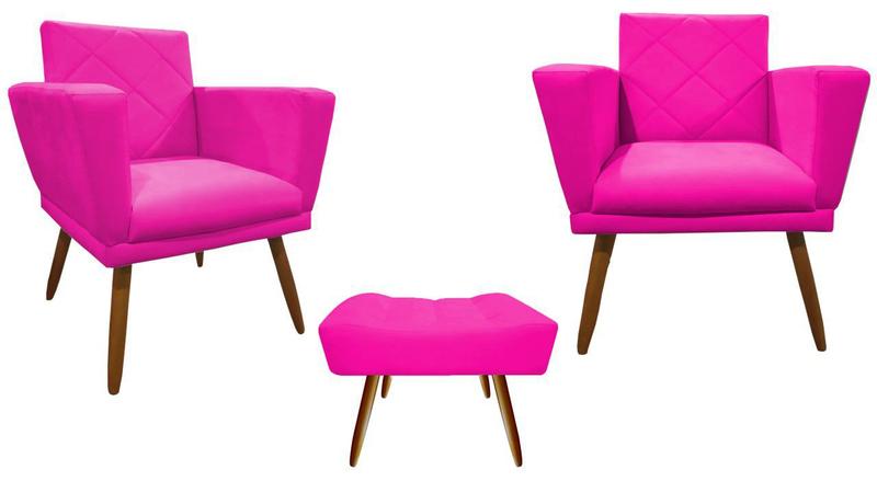 Imagem de Kit 2 Poltronas Decorativa Samanta + Puff Retangular Couro Rosa Pink Pés Madeira Ms Decor